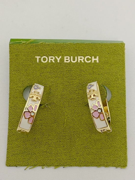 Tory Burch Jewelry - Tory Burch Gold-Tone Pink & White Floral Enamel Huggie Earrings